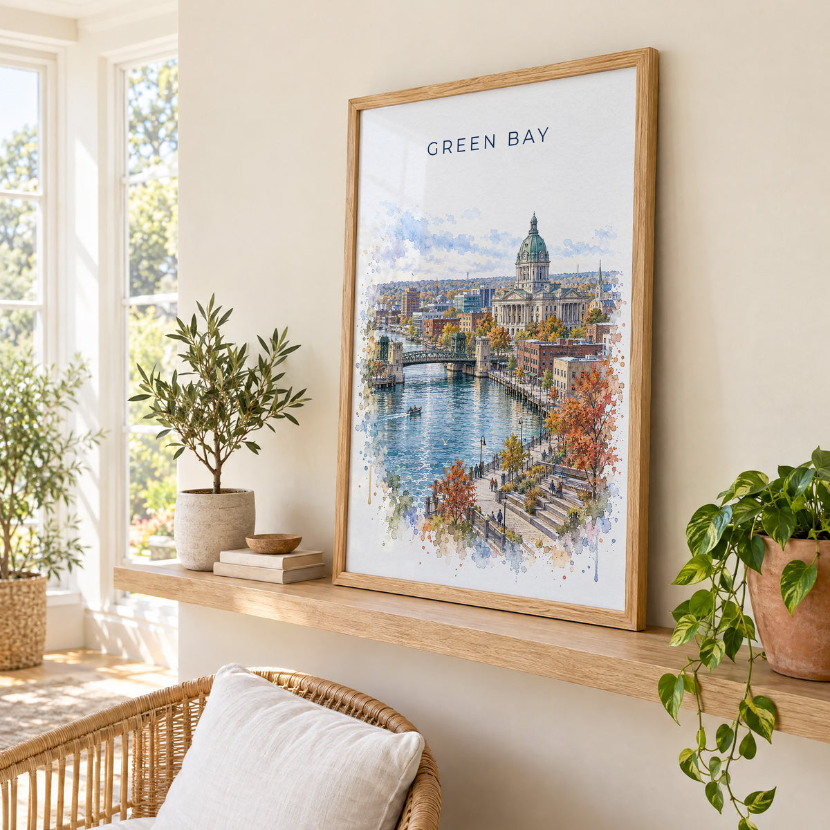 Green Bay watercolor print in an oak frame on a picture ledge in a sunlit sunroom