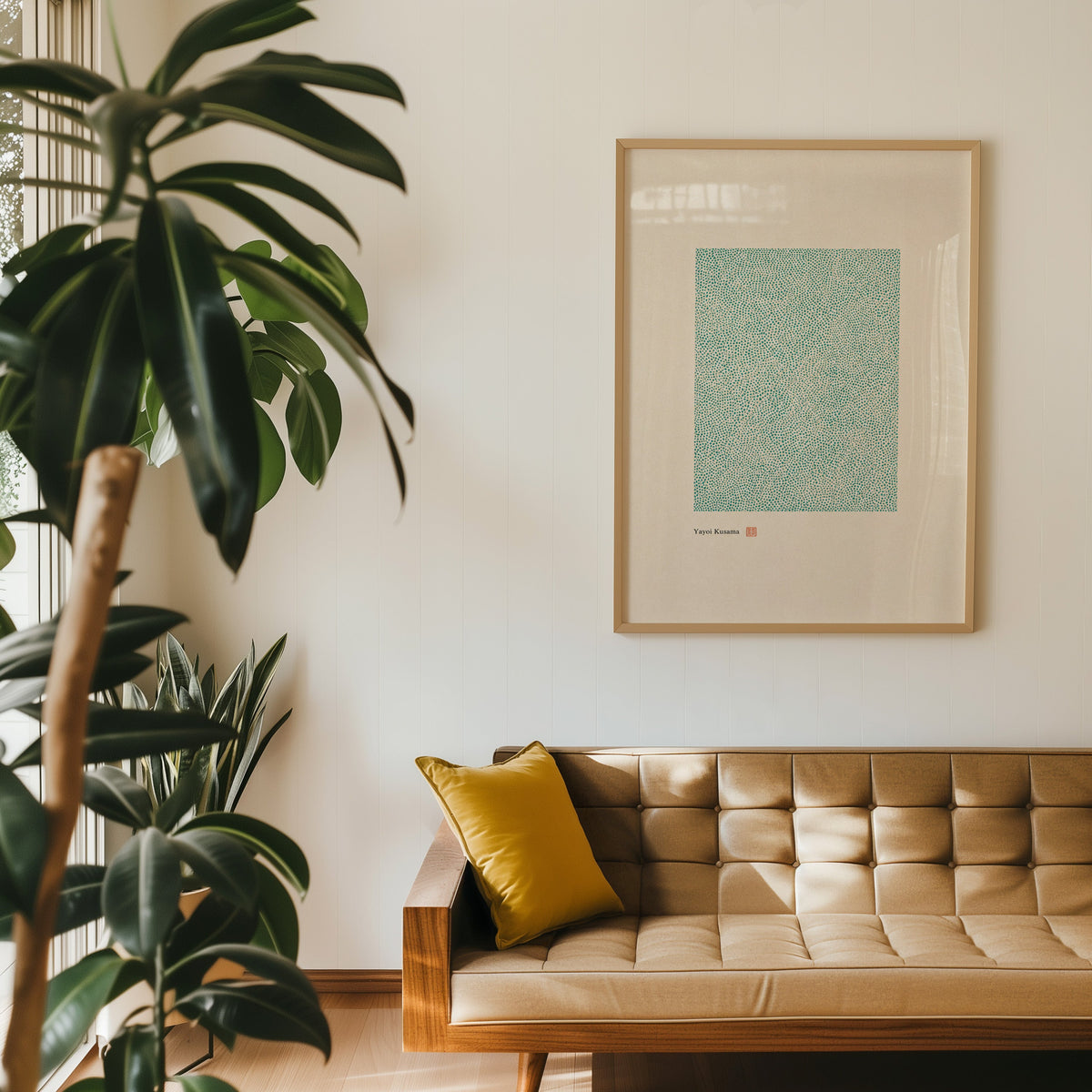 green dot field abstract print in an oak frame above a tan tufted leather sofa with a mustard cushion