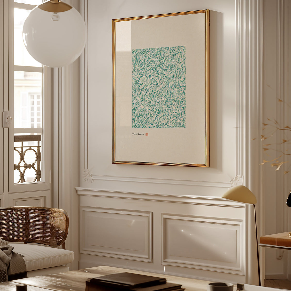 green dot field abstract print shown in a gold frame on a paneled wall in a Parisian-style living room
