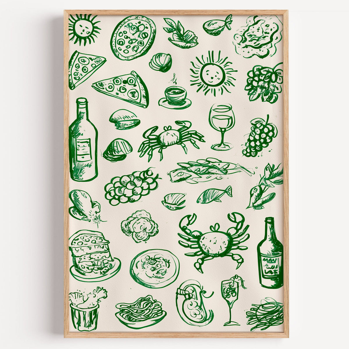 Green food doodle pattern print in a light oak frame on a plain white wall