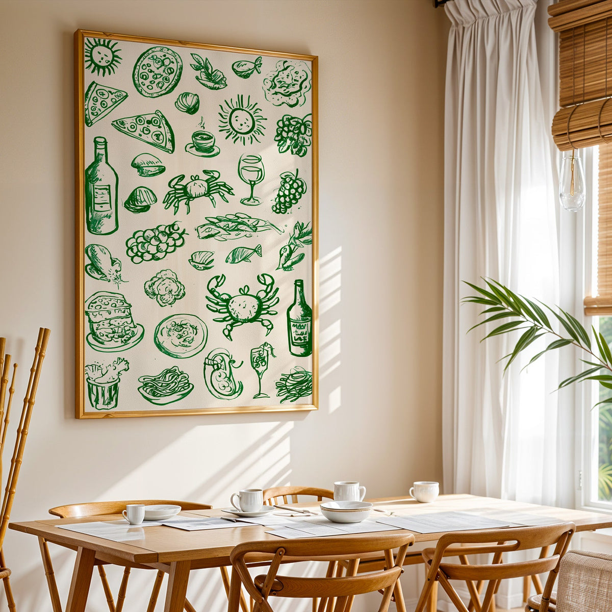 Green food doodle print shown in a gold frame above a breakfast table by a curtained window