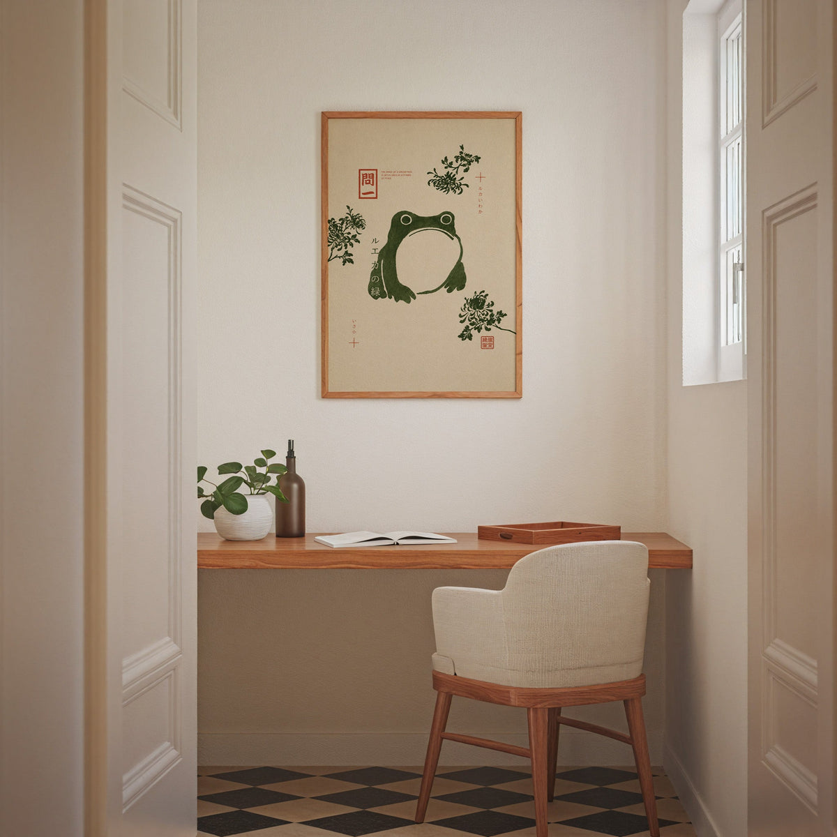 green frog with chrysanthemums print in an oak frame above a wall-mounted desk in a home office nook
