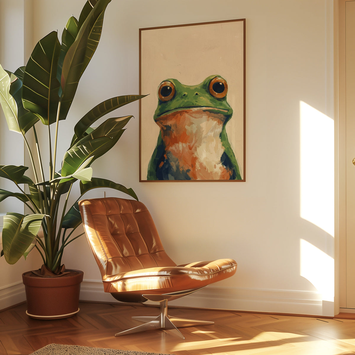 Funny frog print in a slim walnut frame above a tan leather lounge chair