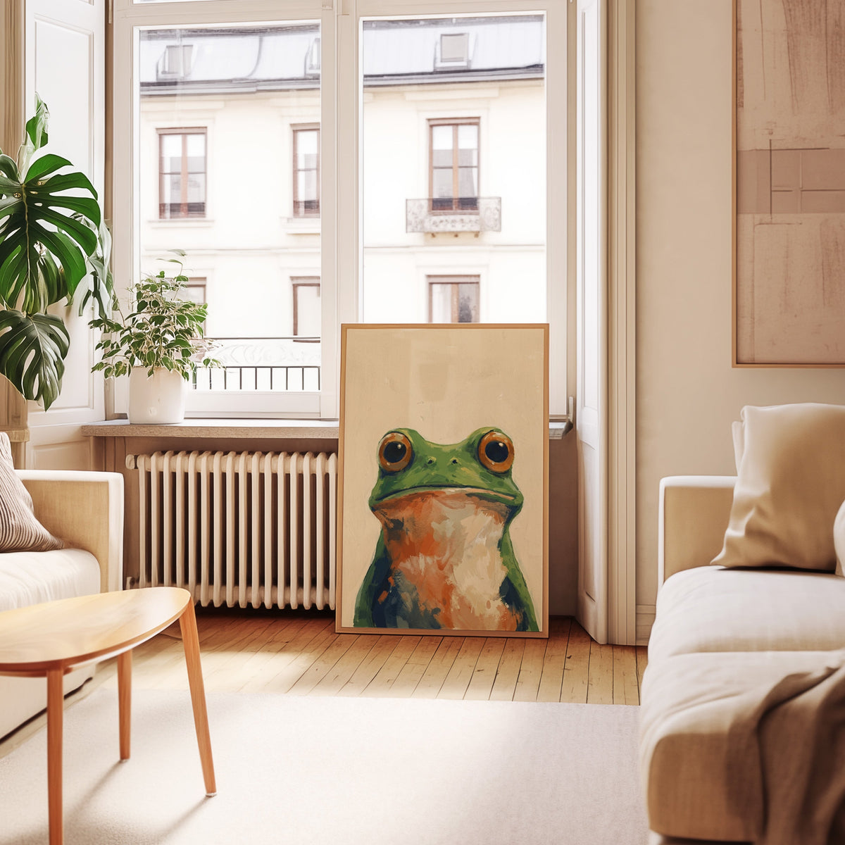 Frog with orange eyes print in an oak frame leaning below tall French windows