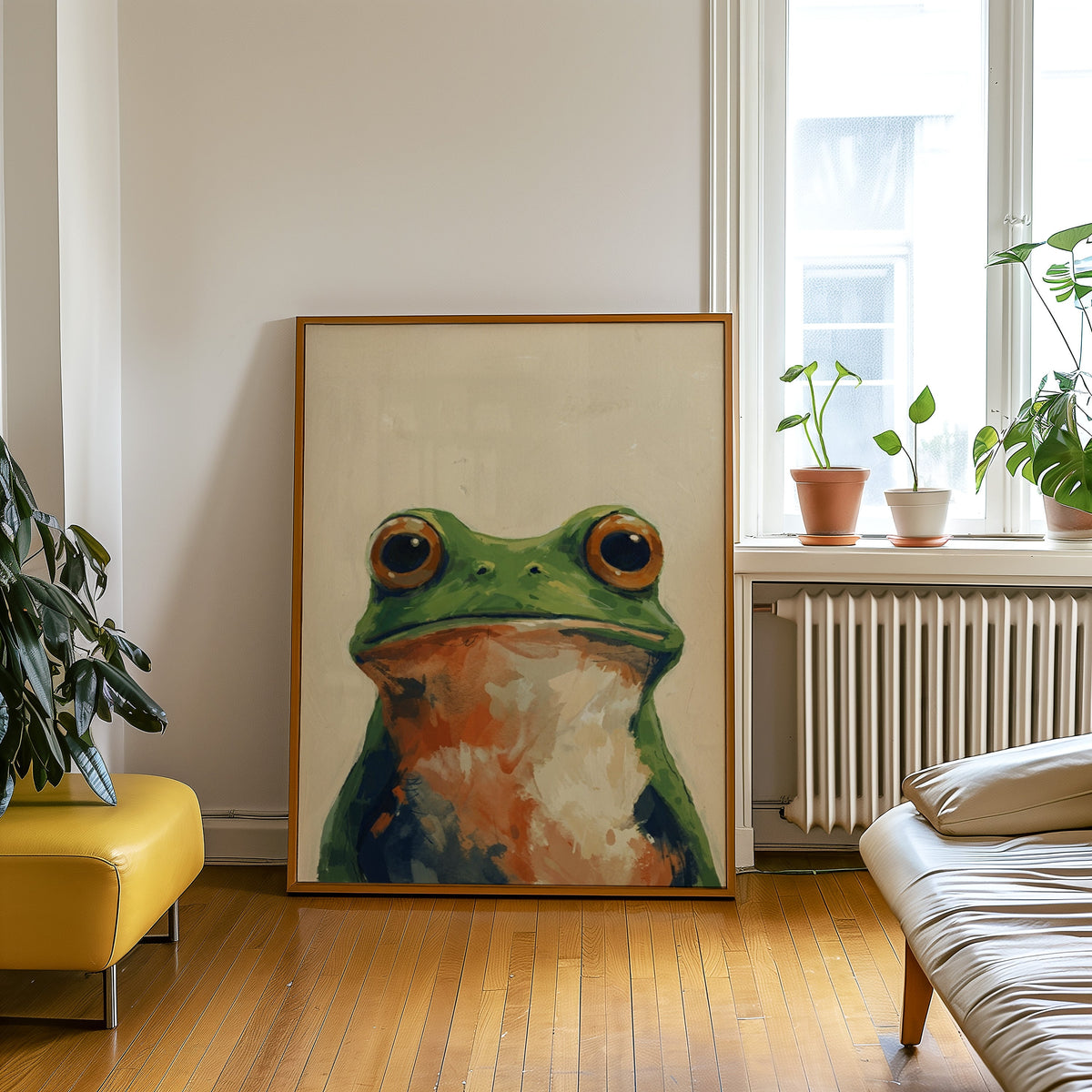 Frog portrait wall art print in an oak frame leaning beside a yellow leather bench