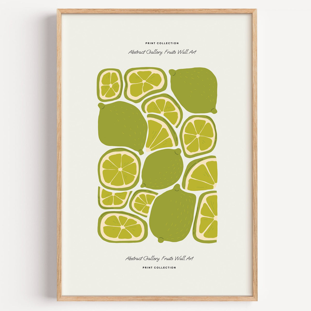 green lime slices pattern fruit print in a light oak frame on a plain white wall