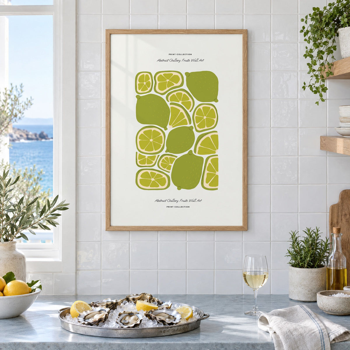 green lime slices pattern fruit print in an oak frame on white tiles above a marble counter with oysters and lemons by a sea view