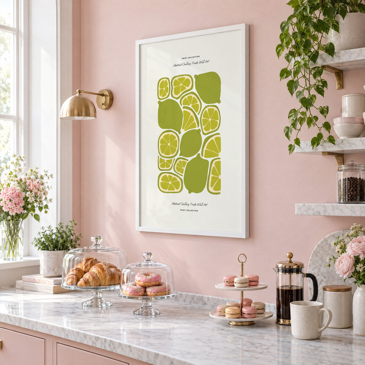 green lime slices pattern fruit print in a white frame on a blush pink wall above a patisserie counter with croissants and macarons, seen at an angle