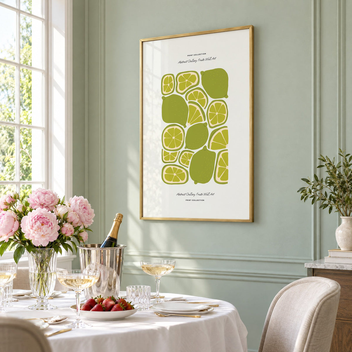 green lime slices pattern fruit print in a brass frame on a sage wall above a brunch table with champagne and peonies, seen at an angle