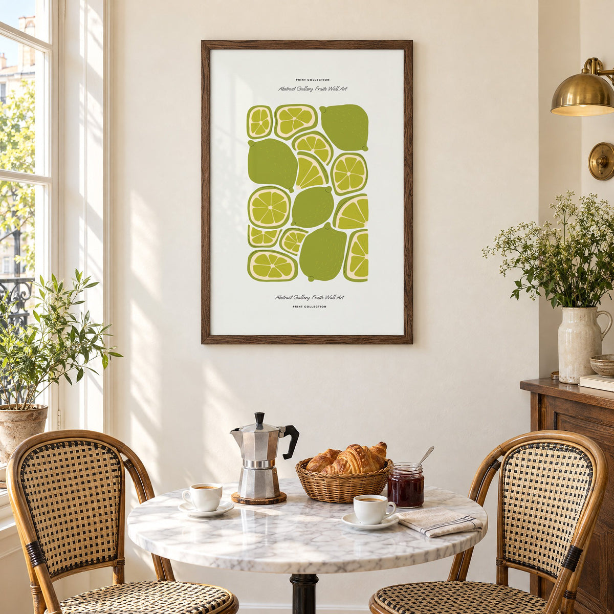 green lime slices pattern fruit print in a walnut frame above a marble bistro table with croissants and rattan chairs