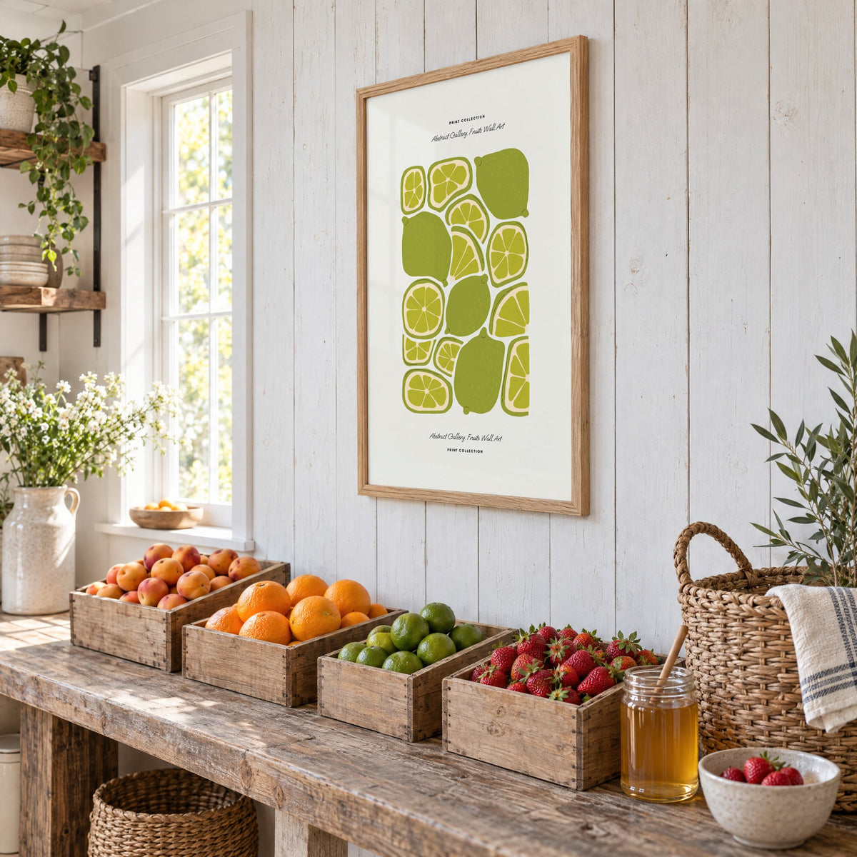 green lime slices pattern fruit print in an oak frame on white plank walls above wooden crates of fresh fruit, seen at an angle