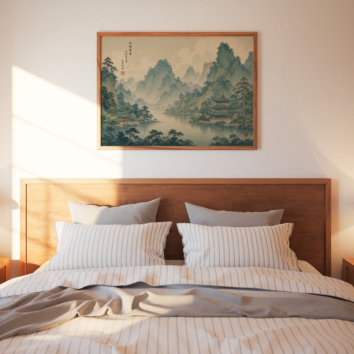 Green mountain lake with temples print in a warm wood frame above a bed with striped linen bedding