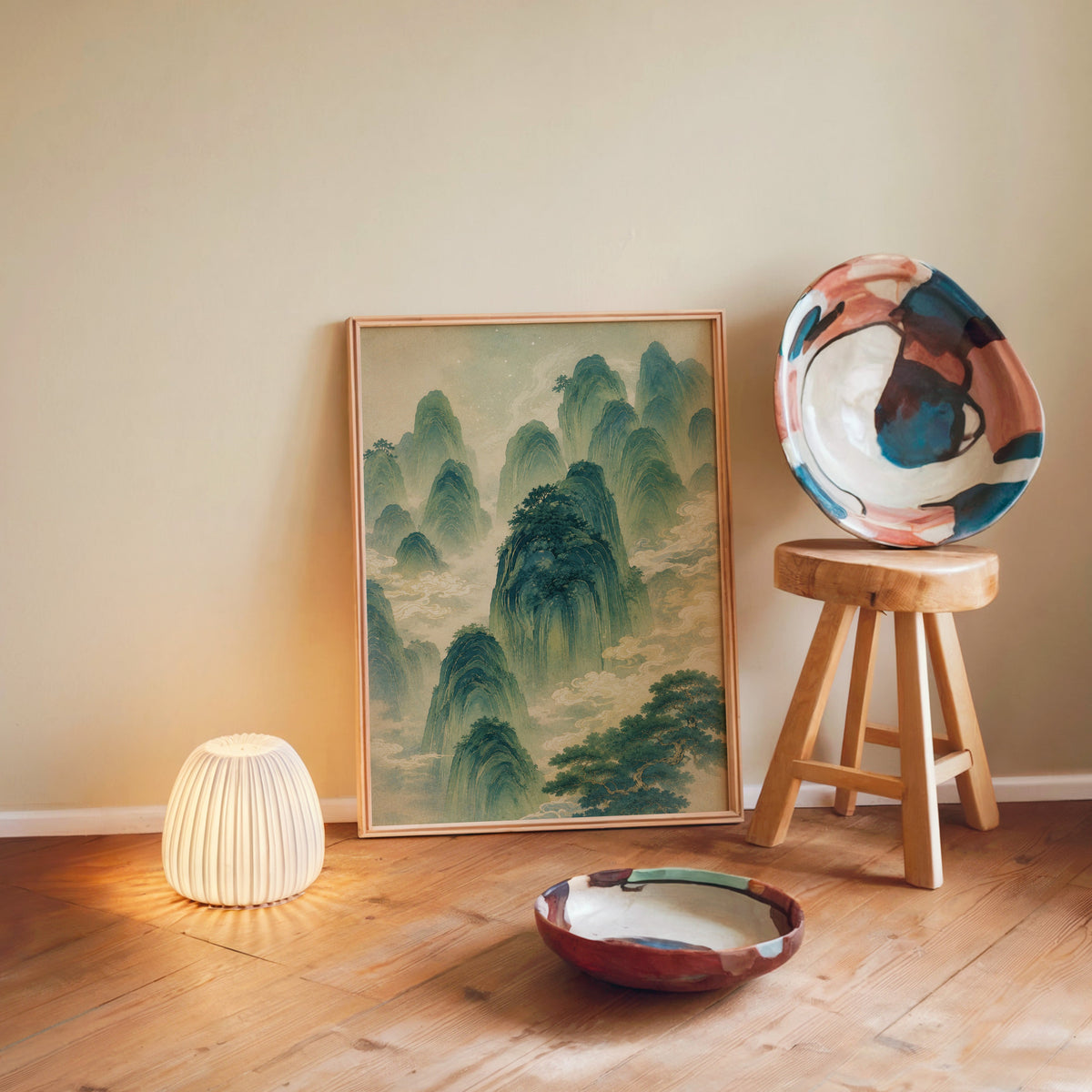 green mountains and clouds landscape print in a light wood frame leaning on a wooden floor by a glowing lamp and stool
