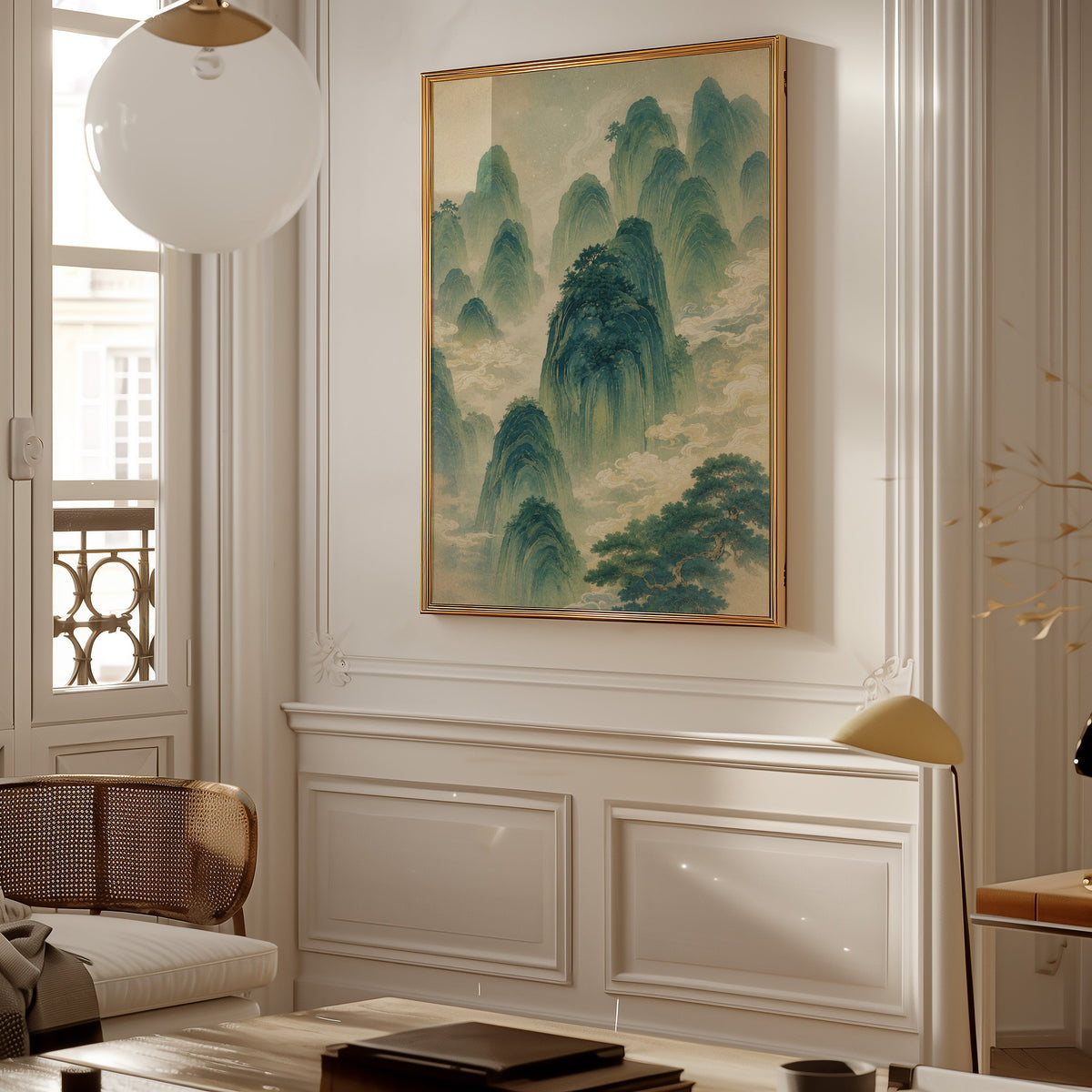 green mountains and clouds landscape print shown in a gold frame on a paneled wall in a Parisian-style living room