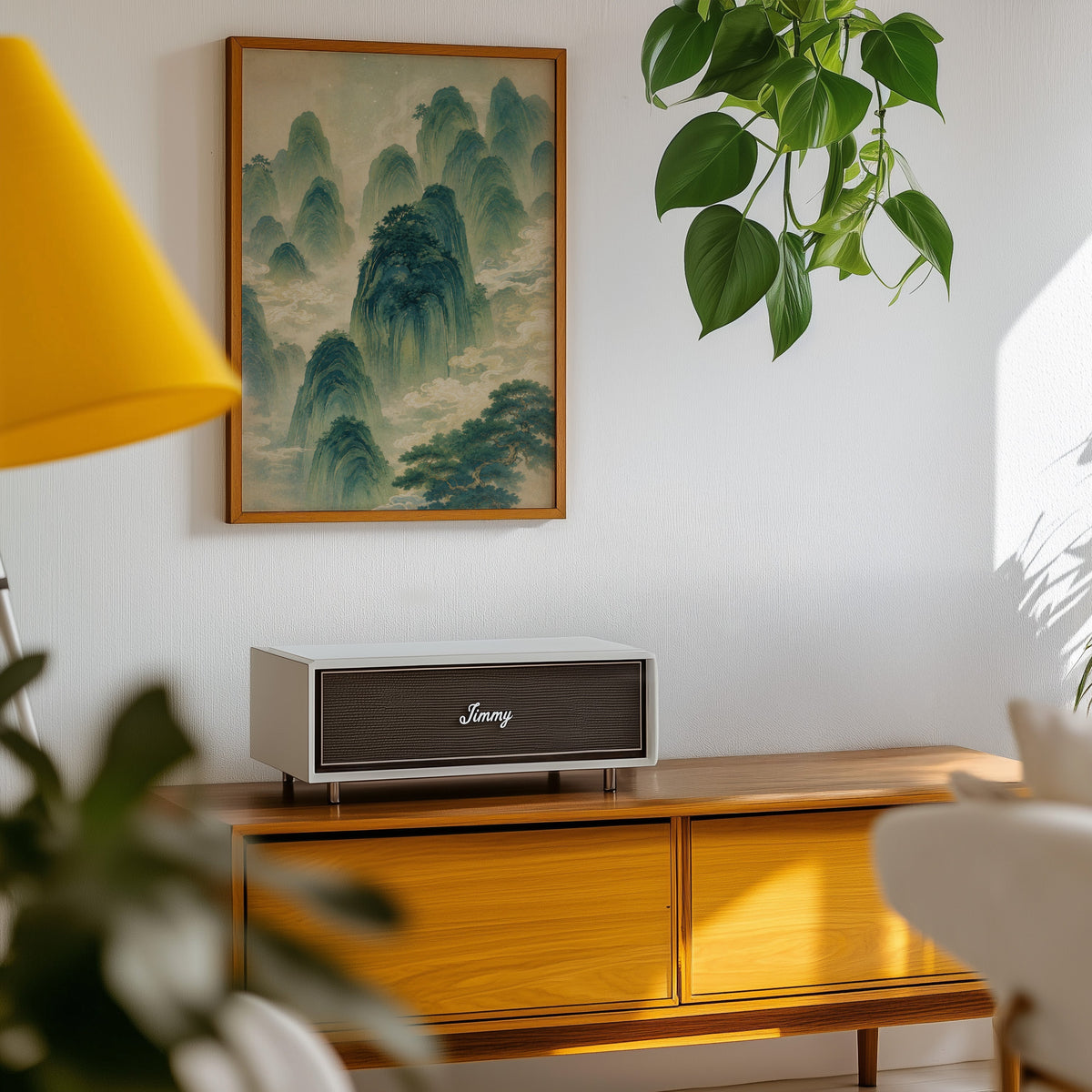green mountains and clouds landscape print in an oak frame above a teak mid-century sideboard with trailing pothos
