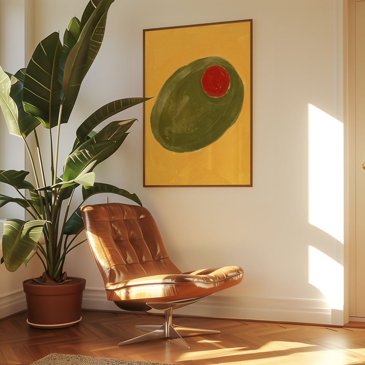 Pimiento olive kitchen print in a slim walnut frame above a tan leather lounge chair