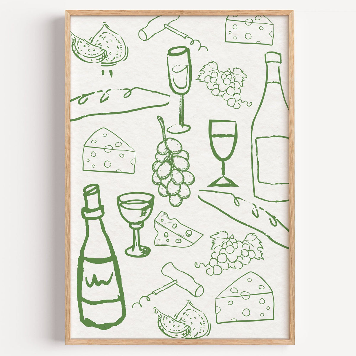 Green wine and cheese doodle pattern print in a light oak frame on a plain white wall