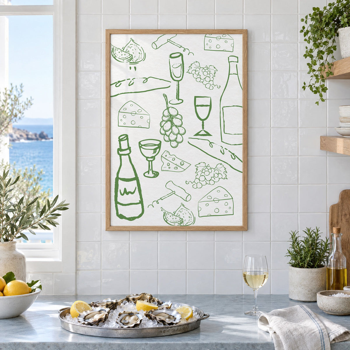 Green wine and cheese doodle pattern print in an oak frame on white tiles above a marble counter with oysters and lemons by a sea view