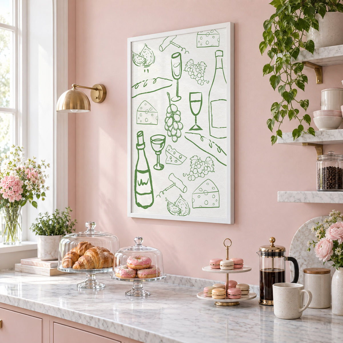 Green wine and cheese doodle pattern print in a white frame on a blush pink wall above a patisserie counter with croissants and macarons, seen at an angle