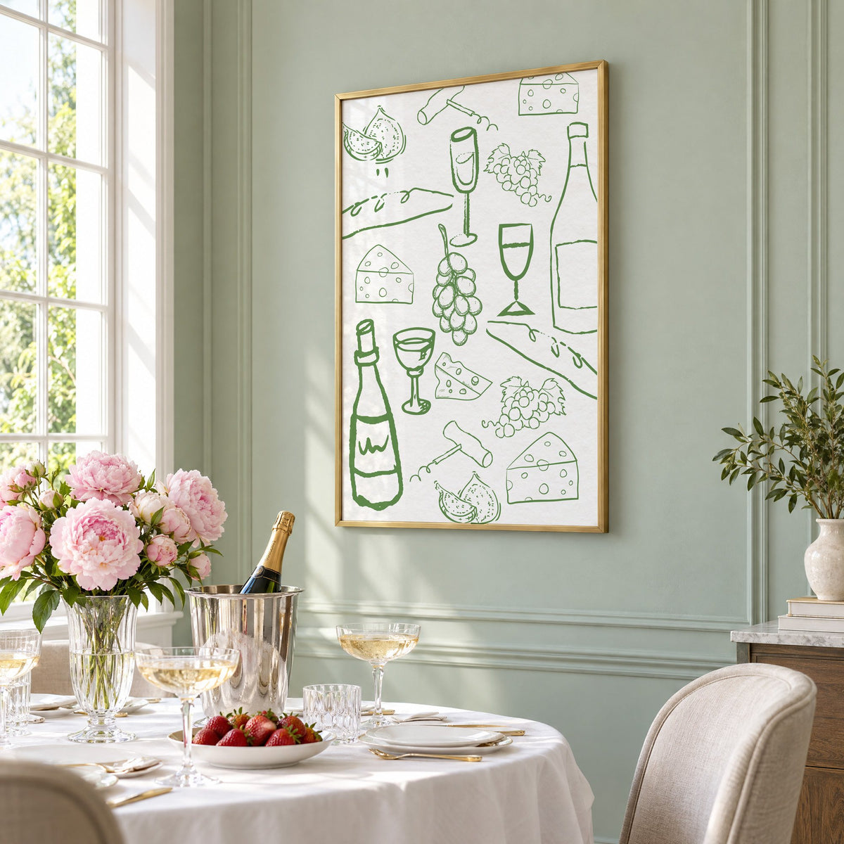 Green wine and cheese doodle pattern print in a brass frame on a sage wall above a brunch table with champagne and peonies, seen at an angle