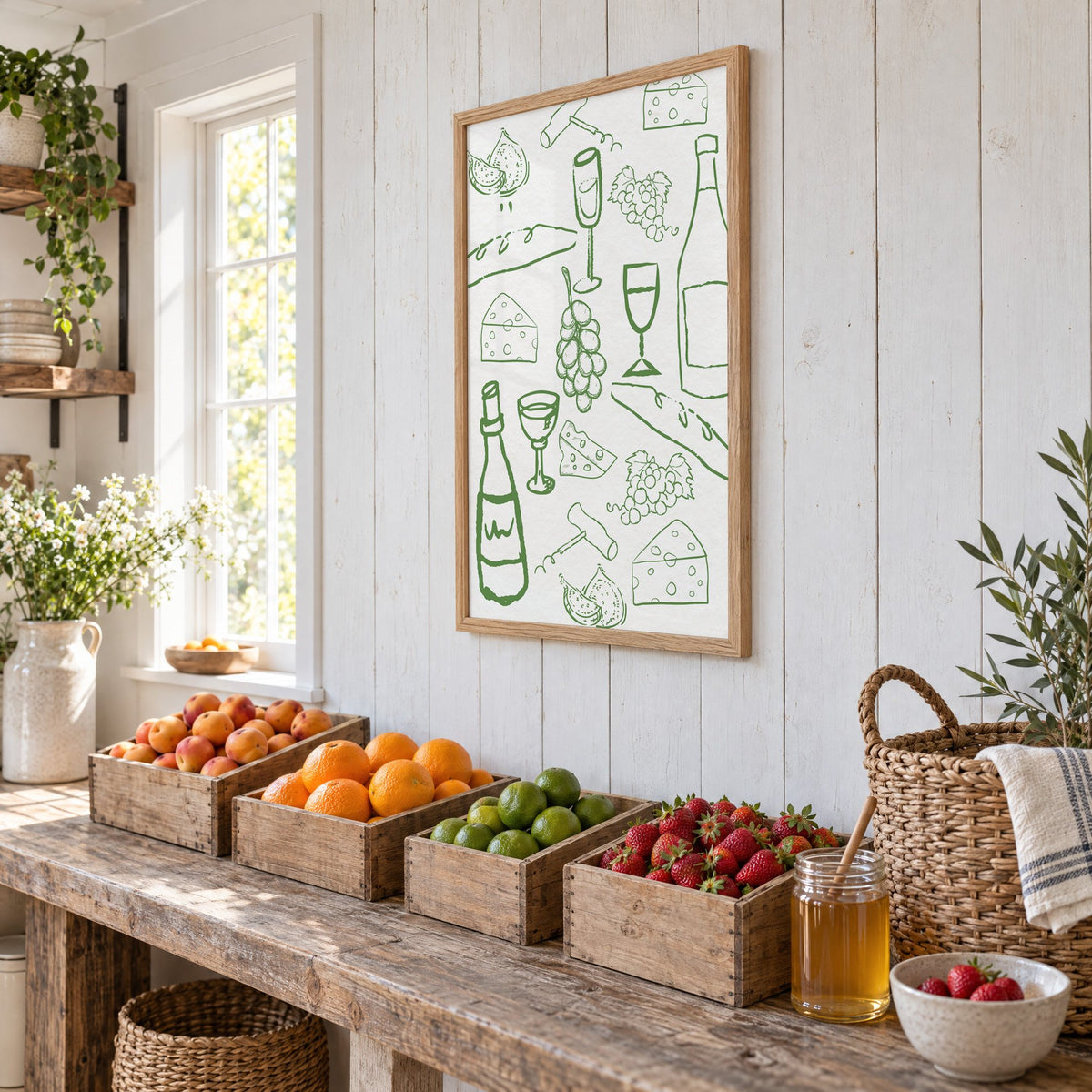 Green wine and cheese doodle pattern print in an oak frame on white plank walls above wooden crates of fresh fruit, seen at an angle