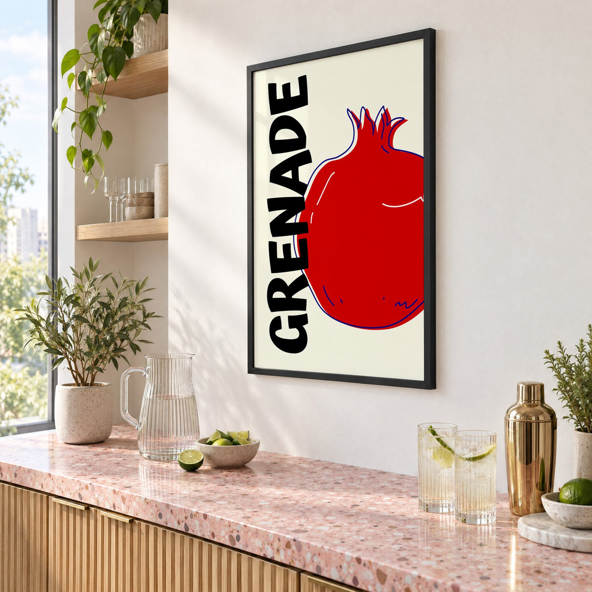 GRENADE red pomegranate print in a black frame above a pink terrazzo cocktail counter with limes, seen at an angle