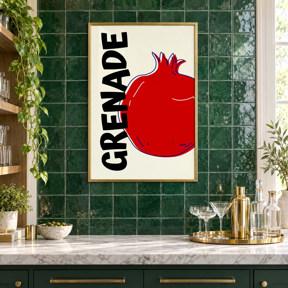 GRENADE red pomegranate print in a brass frame on emerald green tiles above a home bar with coupe glasses
