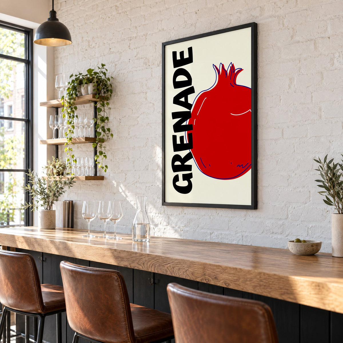 GRENADE red pomegranate print in a black frame on a white brick wall above a wine bar counter