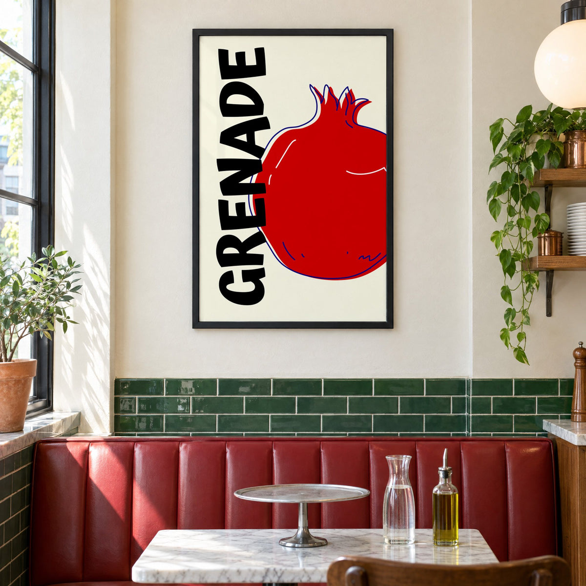 GRENADE red pomegranate print in a black frame above a red leather booth in a sunny pizzeria