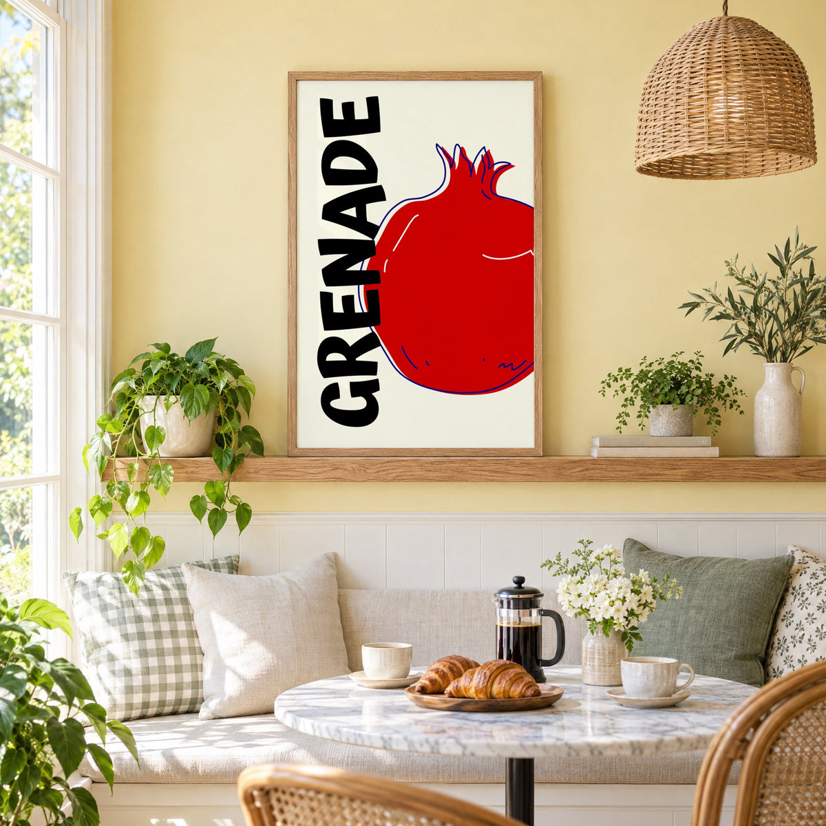 GRENADE red pomegranate print in an oak frame on a picture ledge above a sunny breakfast nook