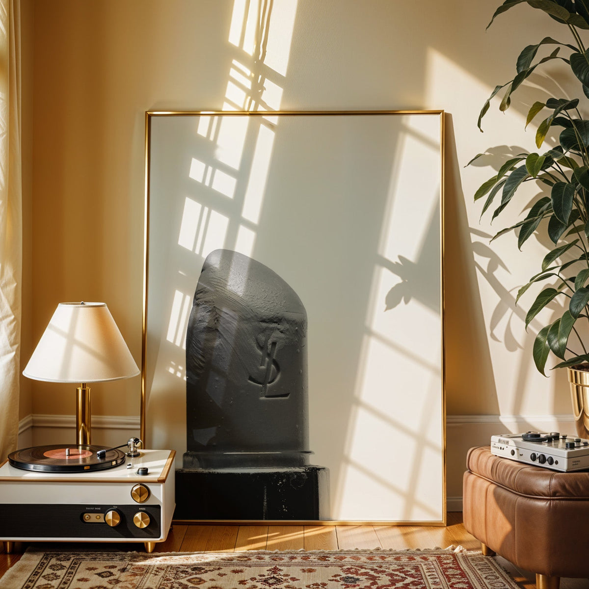 Angled lipstick bullet on plain white print shown in a gold frame beside a record player and table lamp