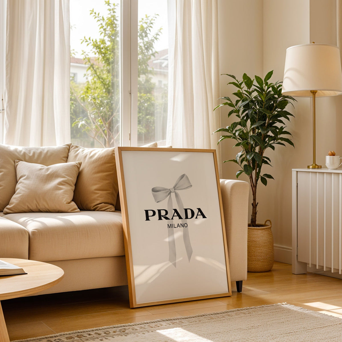 Soft grey silk bow with long ribbon tails print in a light oak frame leaning on a cream sofa beside a floor lamp
