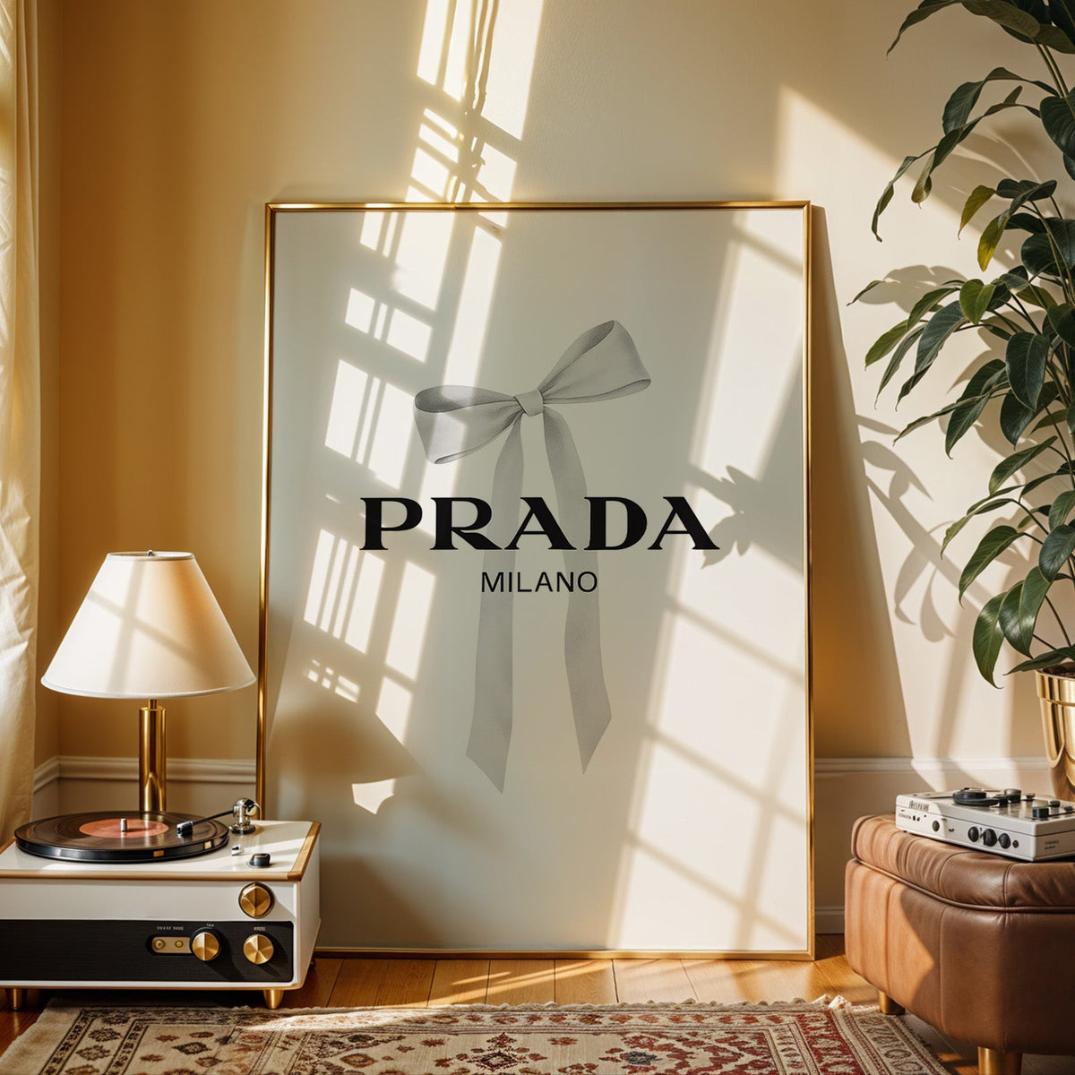 Soft grey silk bow with long ribbon tails print shown in a gold frame beside a record player and table lamp