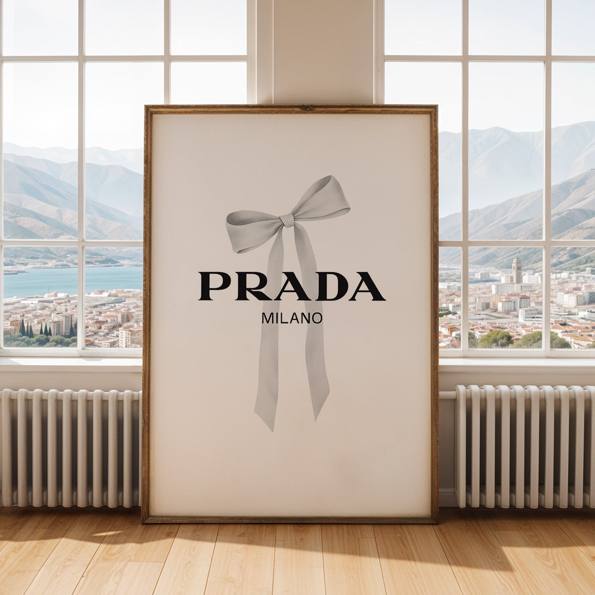 Soft grey silk bow with long ribbon tails print shown in an antique gold frame by tall windows with a sea view