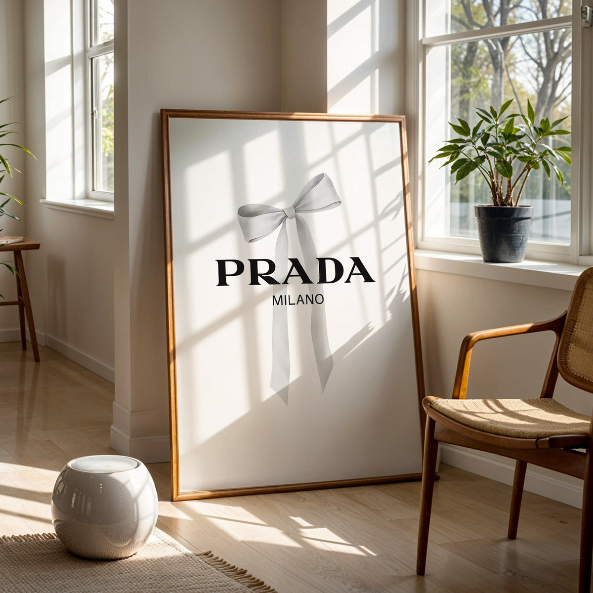 Soft grey silk bow with long ribbon tails print in a walnut frame on a wood floor beside a cane chair and sunny window