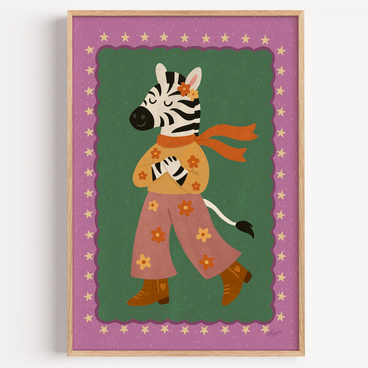 Groovy zebra in flower pants nursery print in a light oak frame on a plain white wall