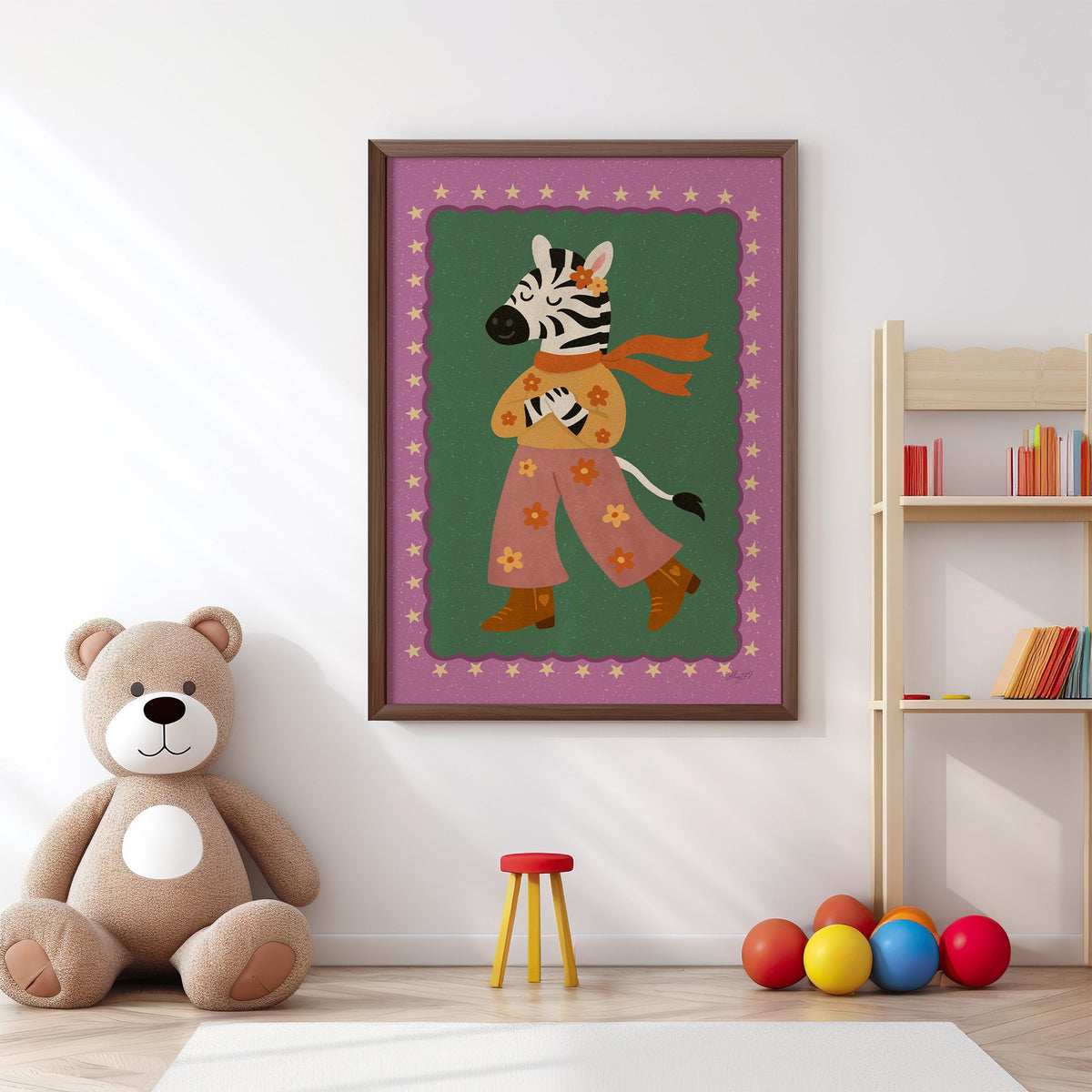 Groovy zebra in flower pants nursery print in a walnut frame above a big teddy bear by a bookshelf