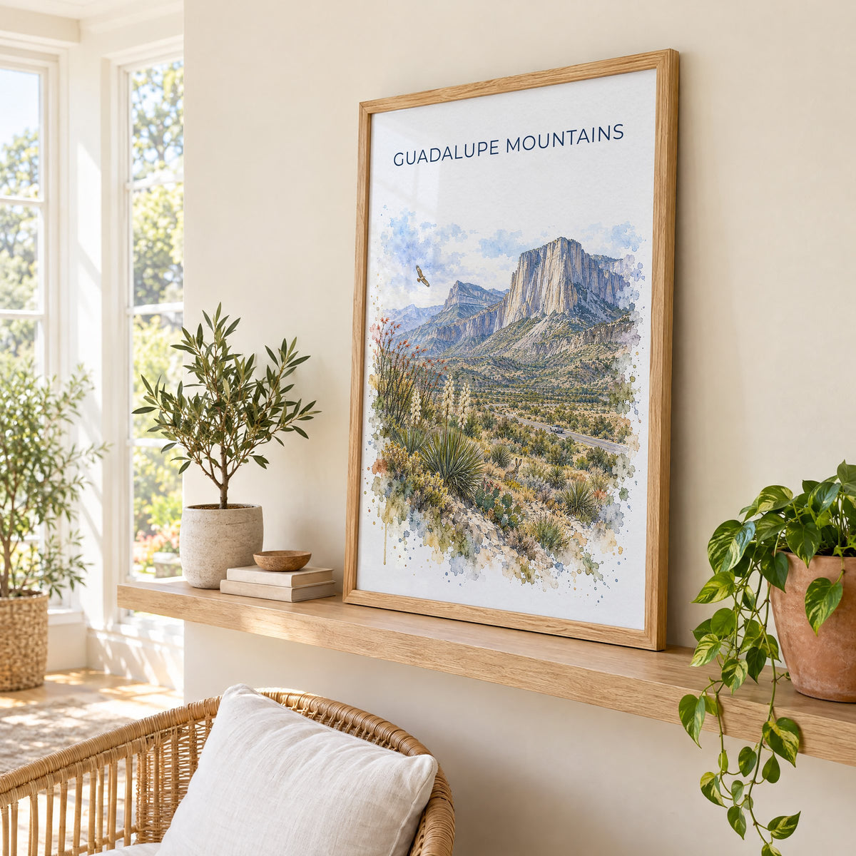 Guadalupe Mountains National Park watercolor print in an oak frame on a picture ledge in a sunlit sunroom