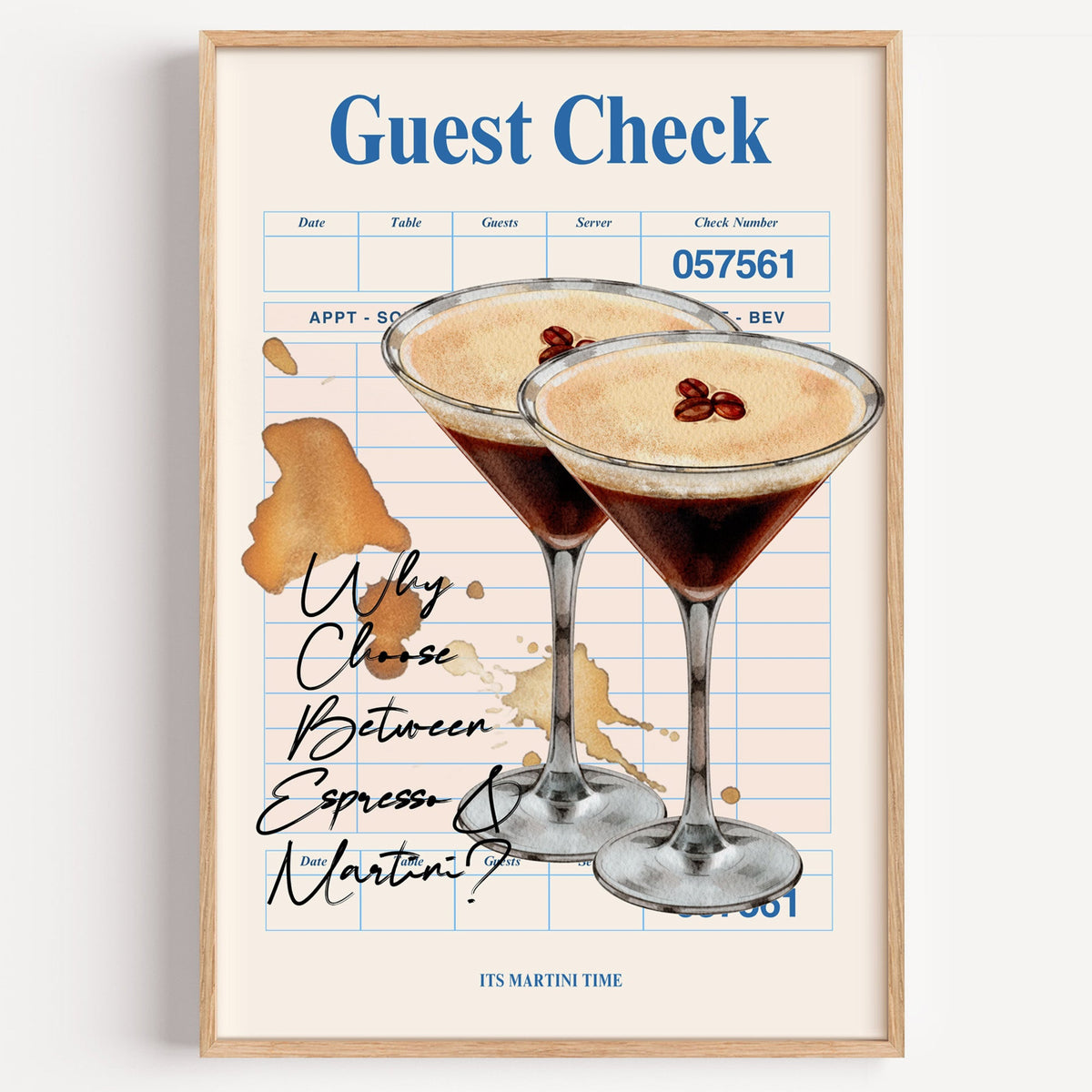 Guest check espresso martini print in a light oak frame on a plain white wall