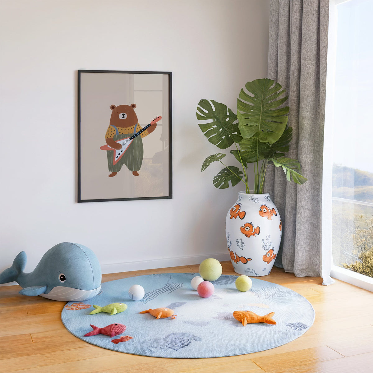 Guitar bear green overalls nursery print in a black frame in a playroom with an ocean rug and whale plush