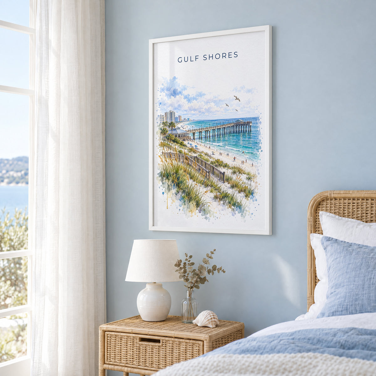Gulf Shores watercolor print in a white frame on a pale blue wall beside a rattan bed in a coastal bedroom