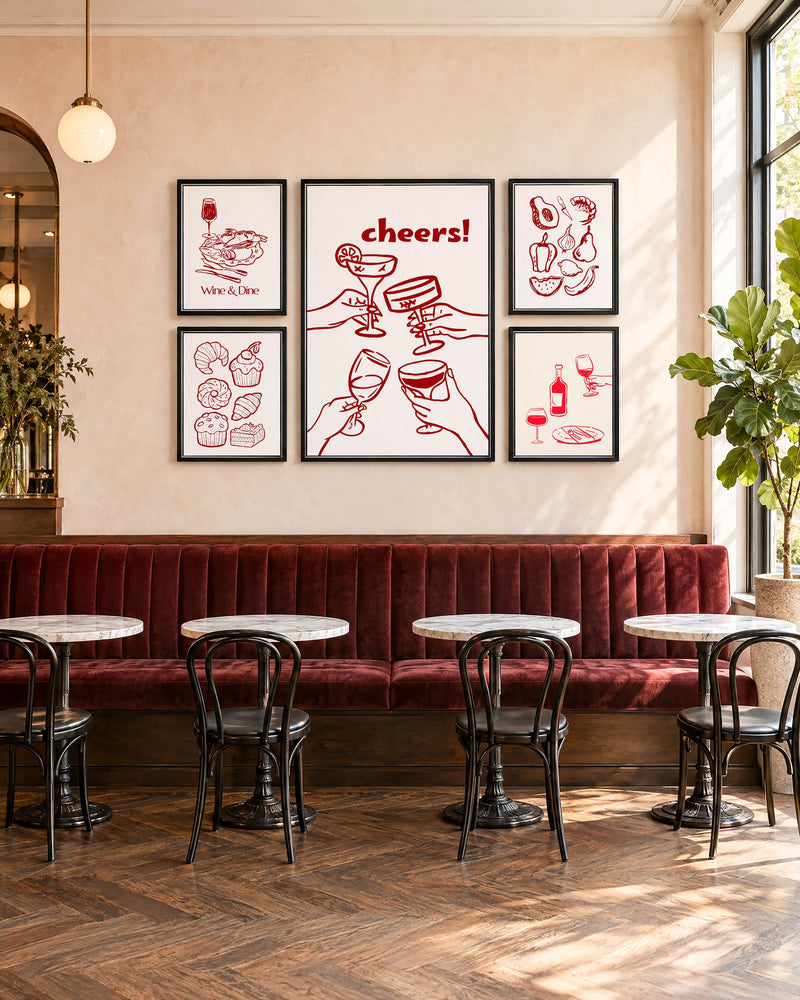 Burgundy Line Art Restaurant Gallery Wall