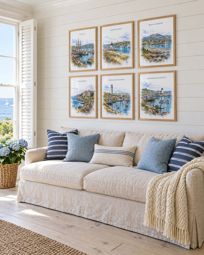 New England Harbor Towns Watercolor Gallery Wall