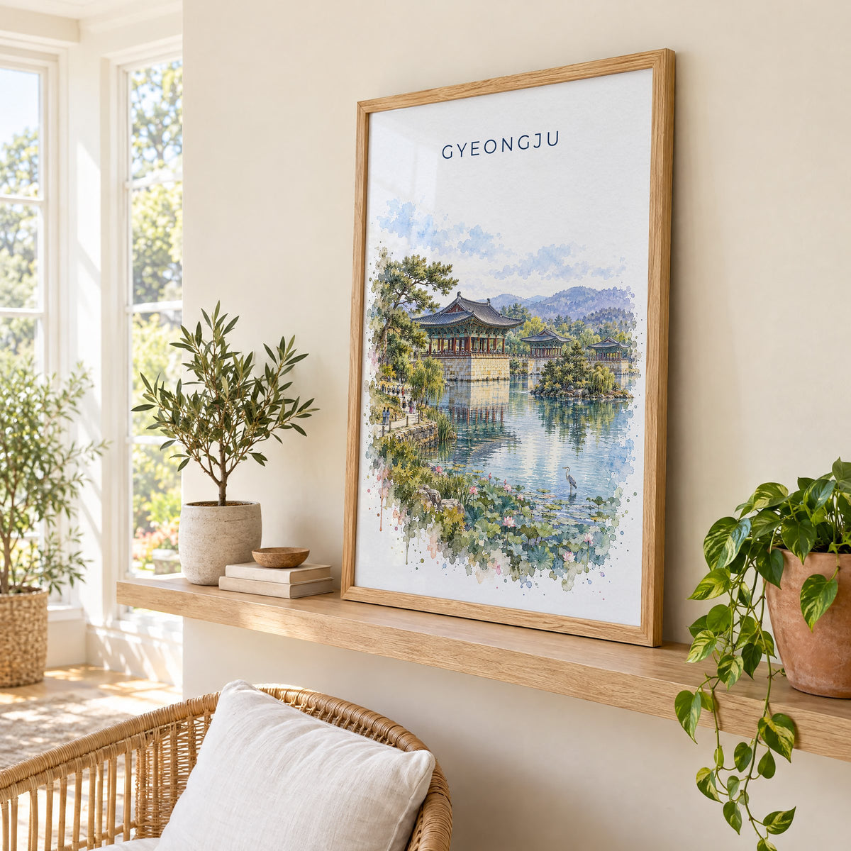 Gyeongju watercolor print in an oak frame on a picture ledge in a sunlit sunroom