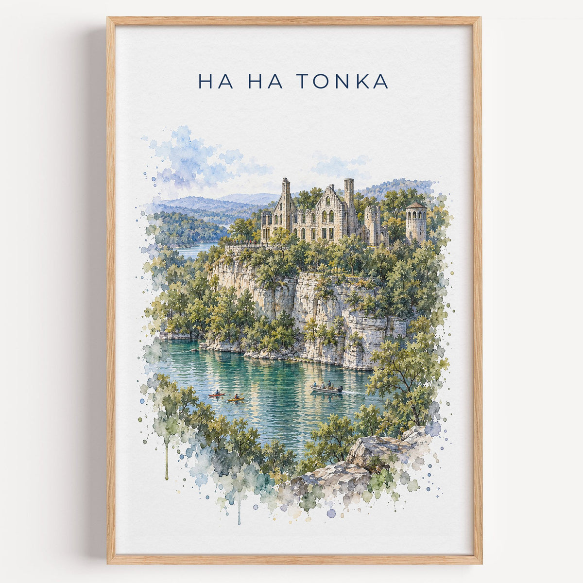 Ha Ha Tonka State Park watercolor print in a light oak frame on a plain white wall