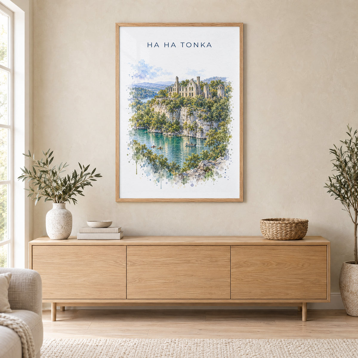Ha Ha Tonka State Park watercolor print in an oak frame above a light wood sideboard in a Scandinavian living room