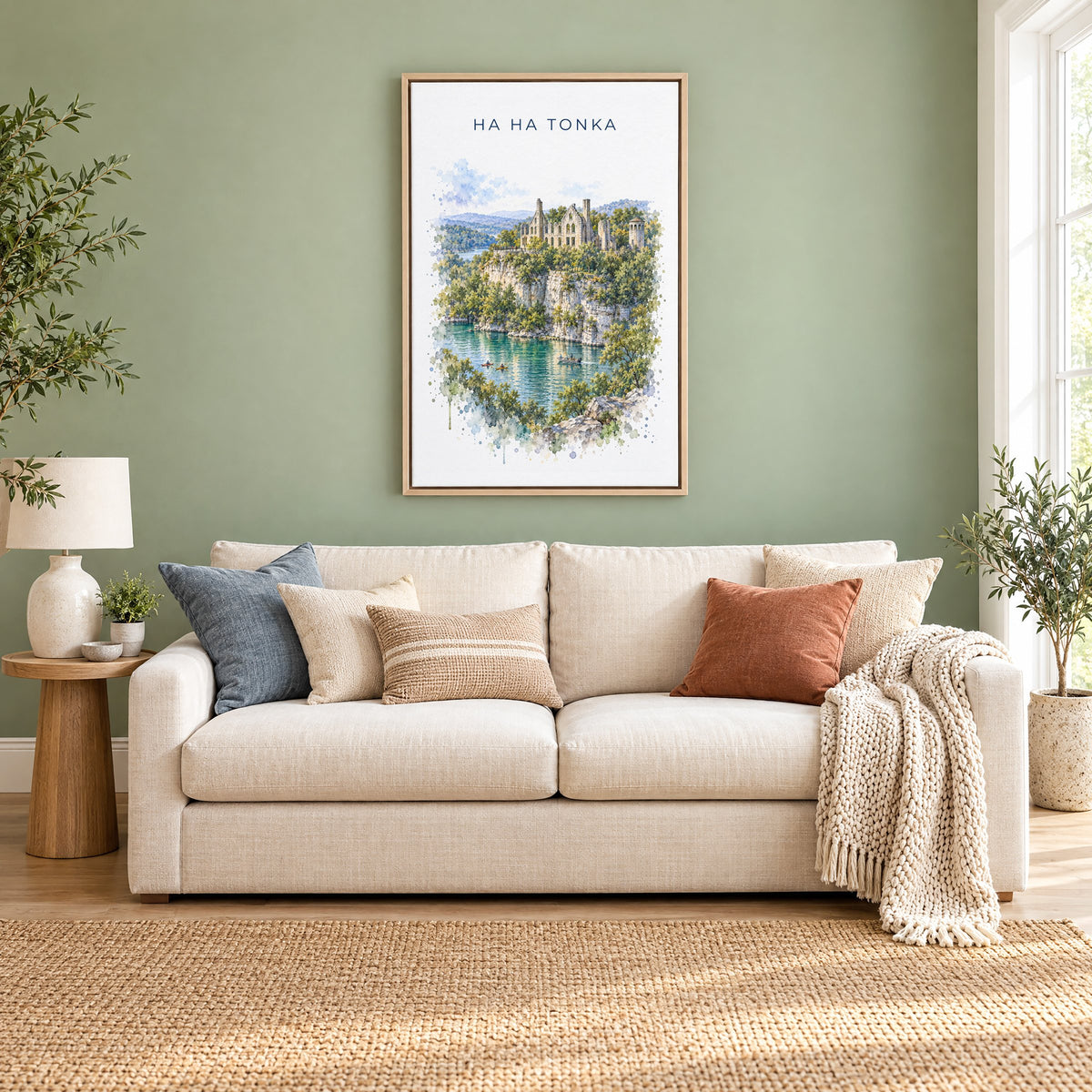 Ha Ha Tonka State Park watercolor print as a natural floater canvas above a cream linen sofa on a sage green wall