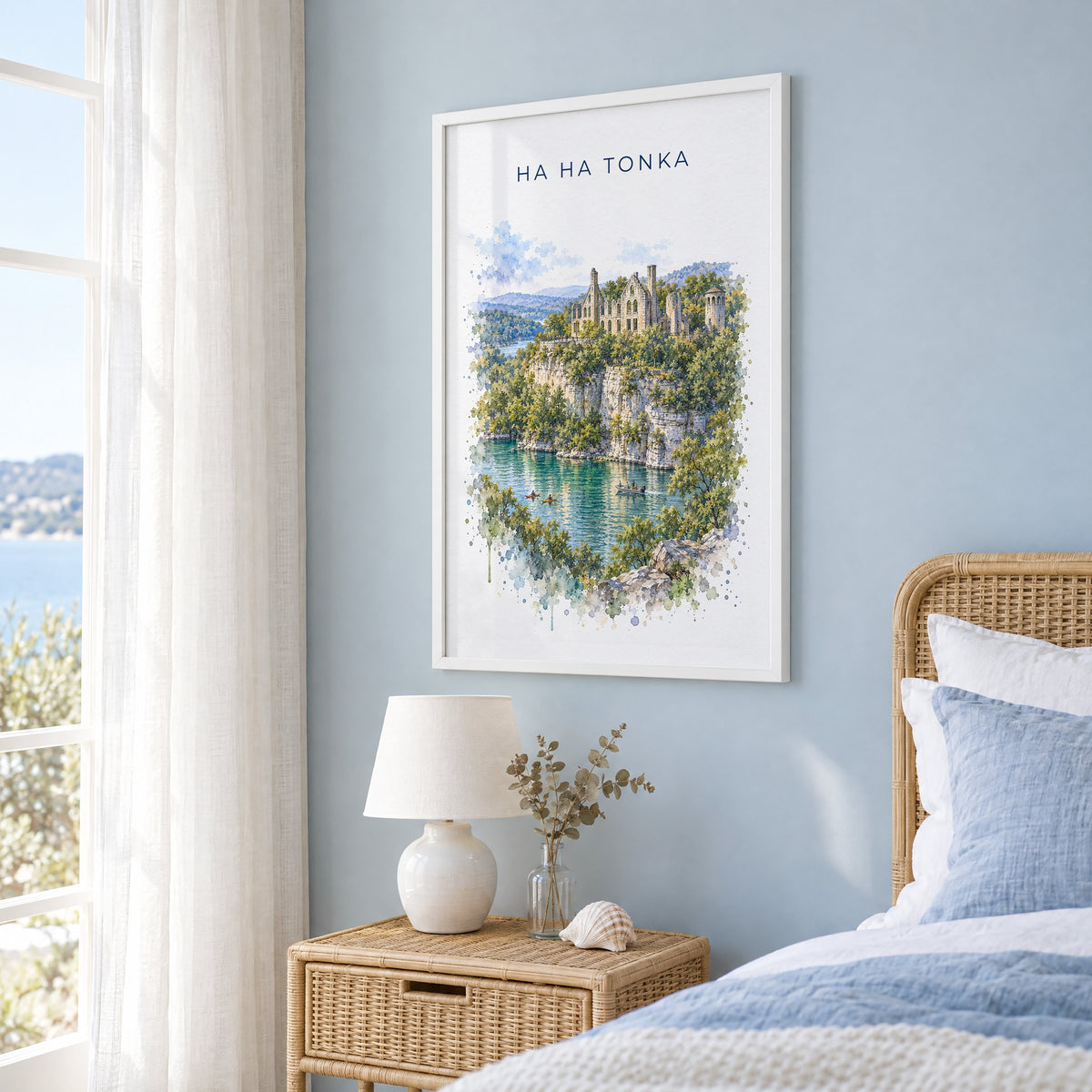 Ha Ha Tonka State Park watercolor print in a white frame on a pale blue wall beside a rattan bed in a coastal bedroom