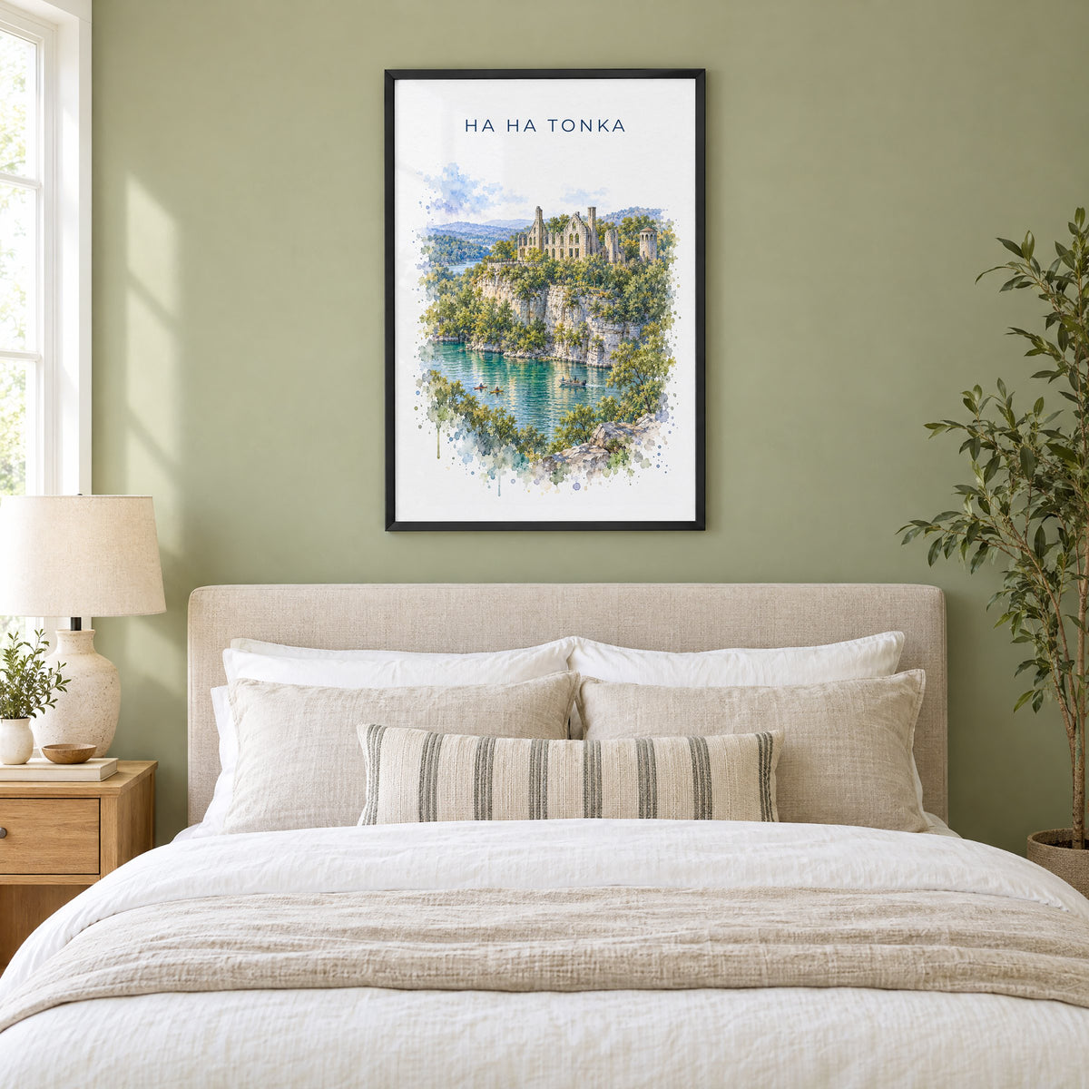 Ha Ha Tonka State Park watercolor print in a black frame above an upholstered headboard in a sage green bedroom