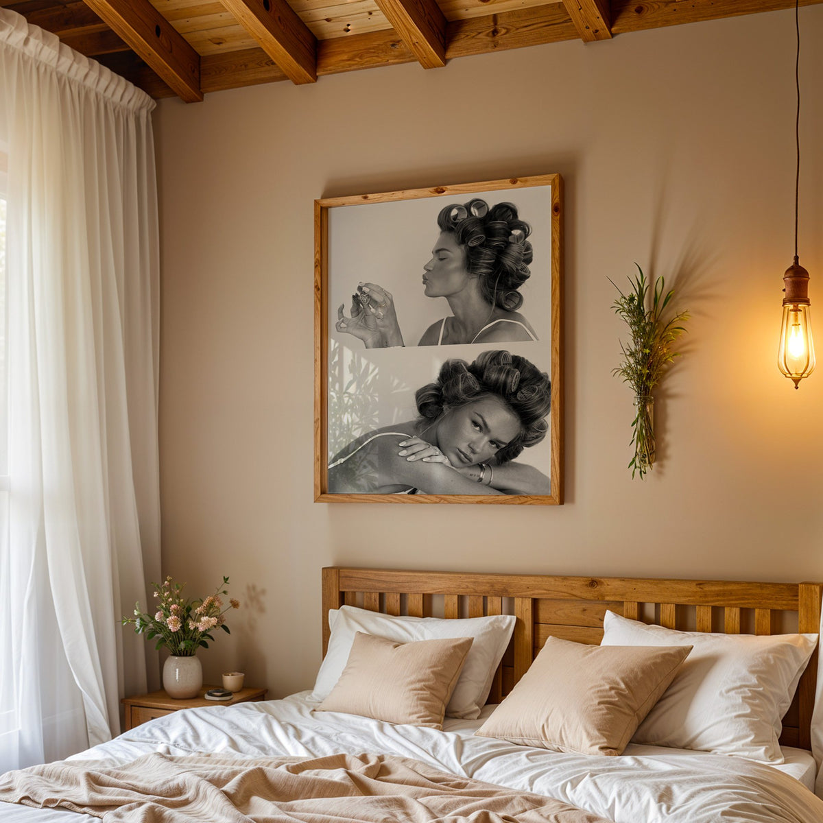 Woman in hair rollers with heart locket two frames print in a pine frame above a wood headboard bed under a pendant bulb